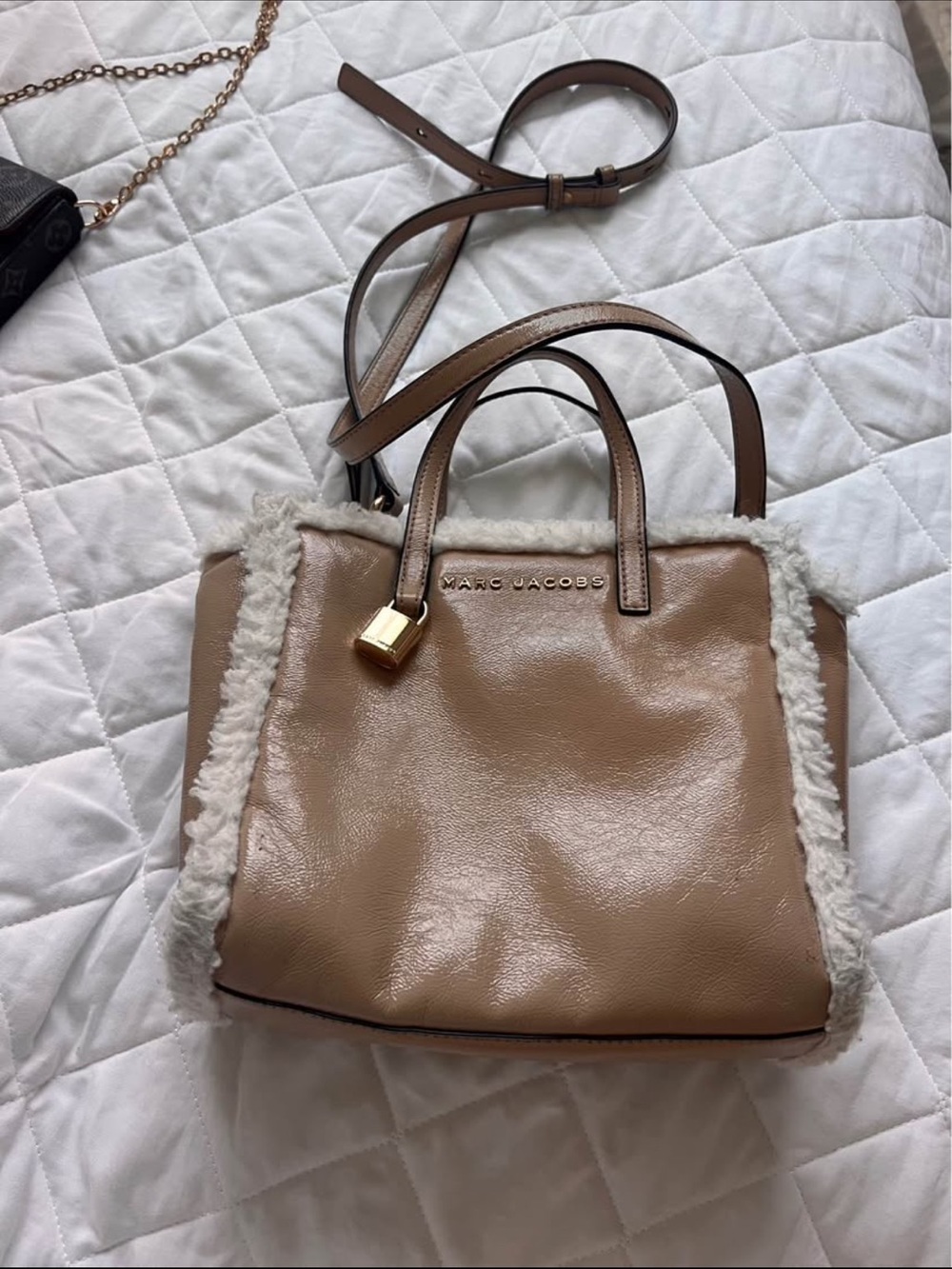 Marc Jacobs Beige Shearling-Trim Satchel with Gold Hardware